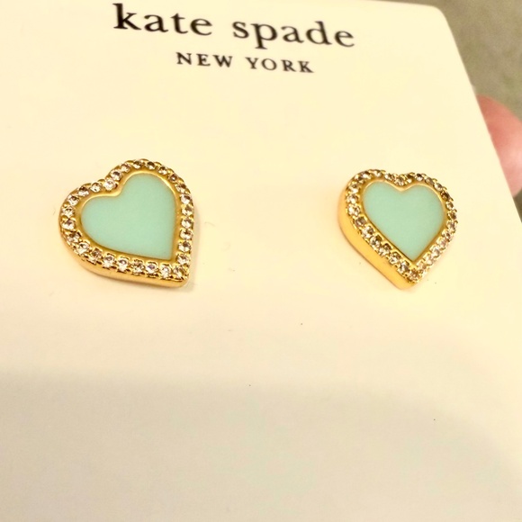 KATE SPADE EARRINGS ⭐️TAKE HEART PAVE STUDS - MINT ENAMEL CZ GOLD TONE-Pierced - Picture 3 of 8